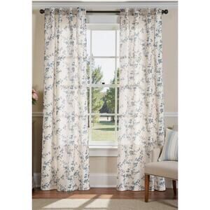 Linen Blend Floral Curtains 84" x38” Farmhouse Rustic Light Filter 2 Panel Blue